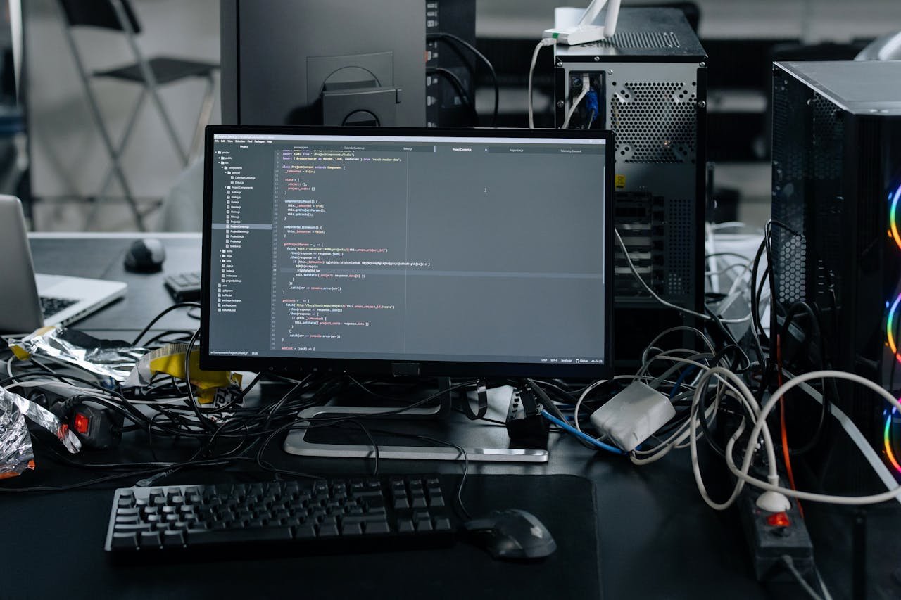 A cluttered workstation in an office featuring a monitor displaying code, surrounded by a keyboard, mouse, and wiring.